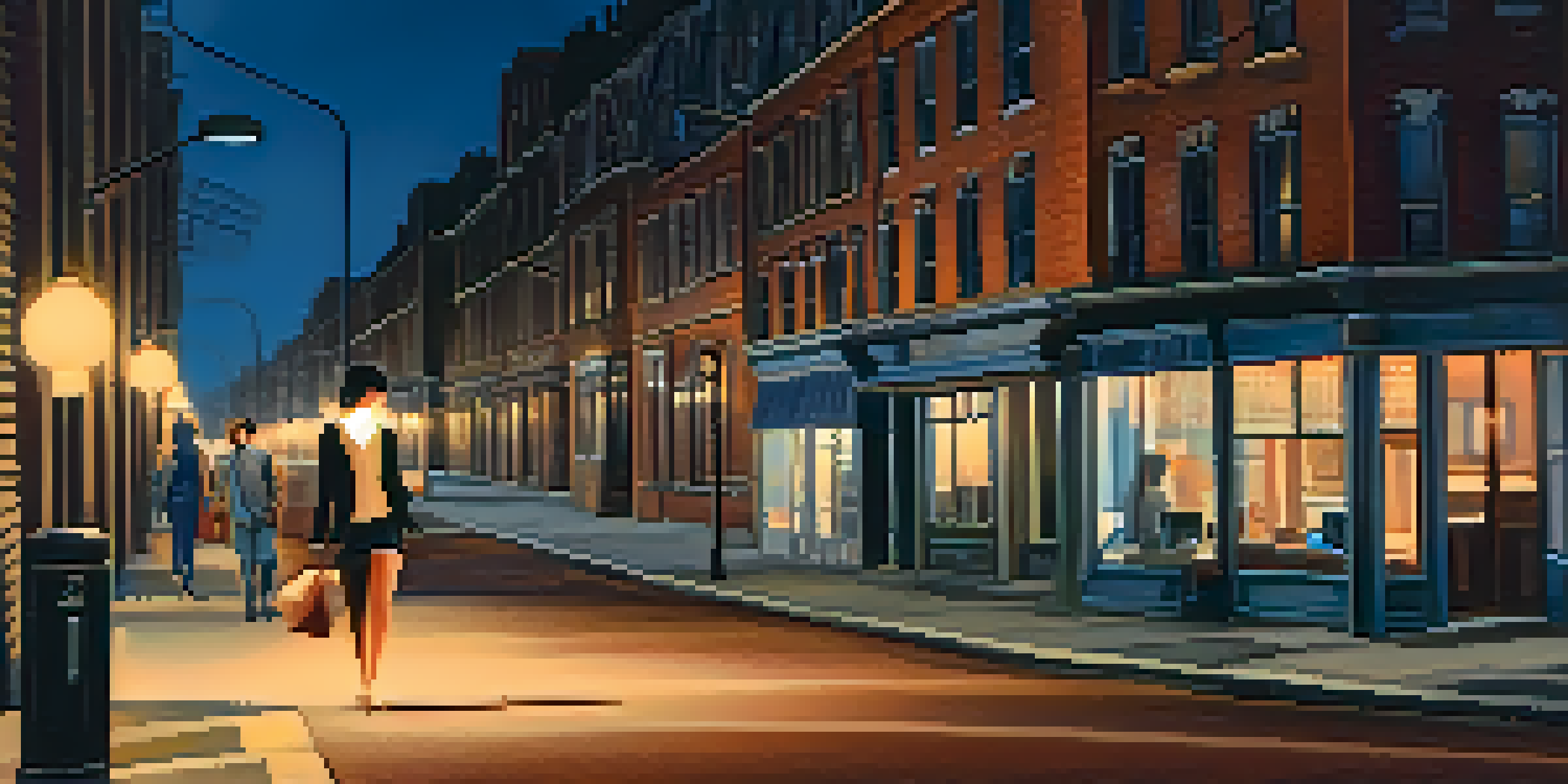 A worried individual walking alone at night, looking at their smartphone for safety, illuminated by streetlights.