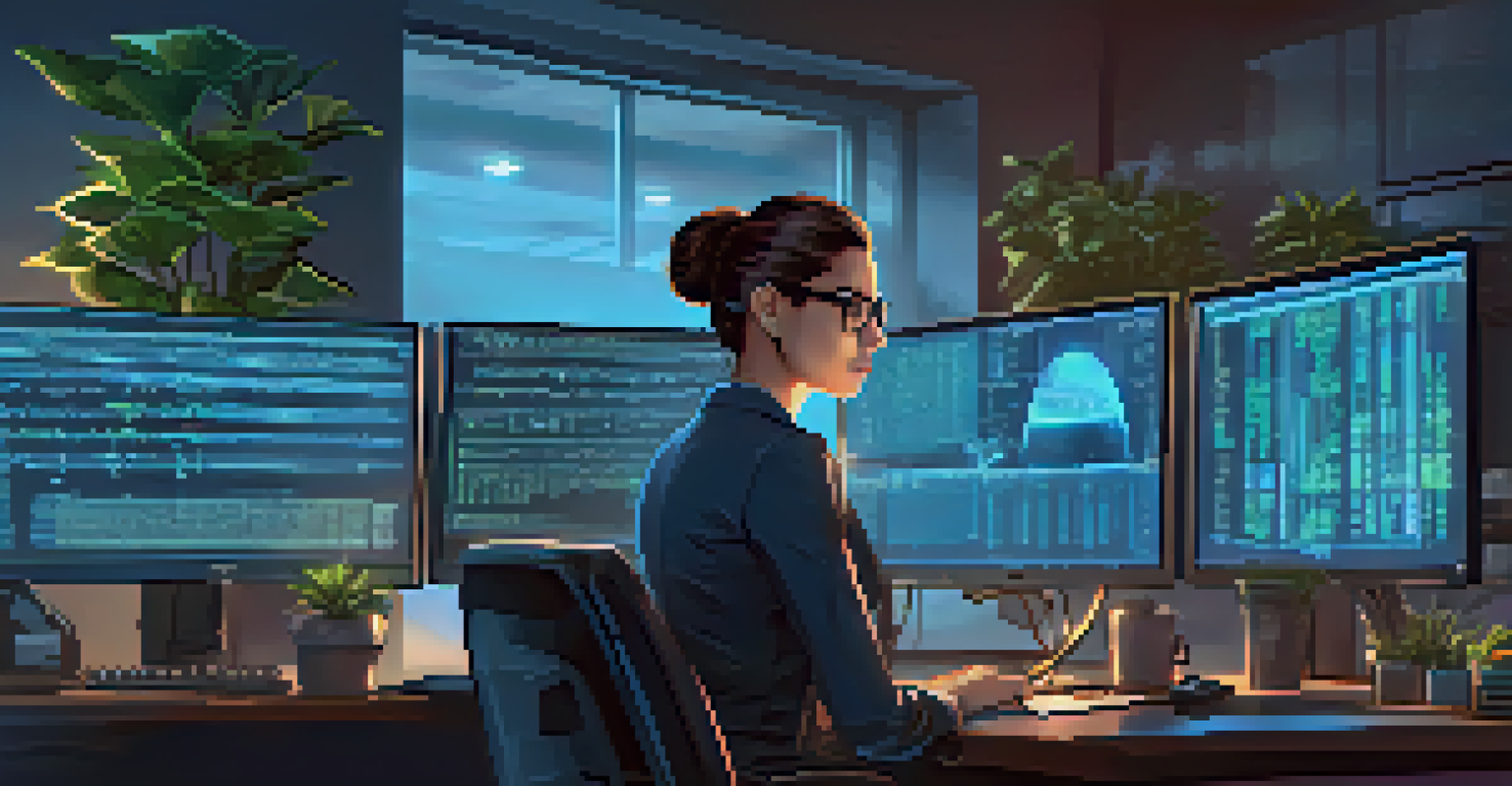A cybersecurity professional analyzing multiple screens with code and security alerts in a dimly lit room.