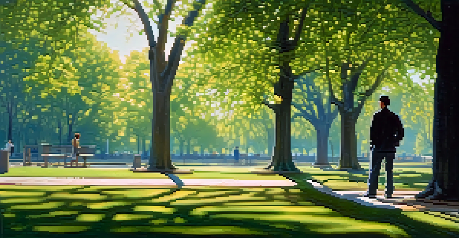 A person standing attentively in a serene park, surrounded by trees and sunlight filtering through the leaves.