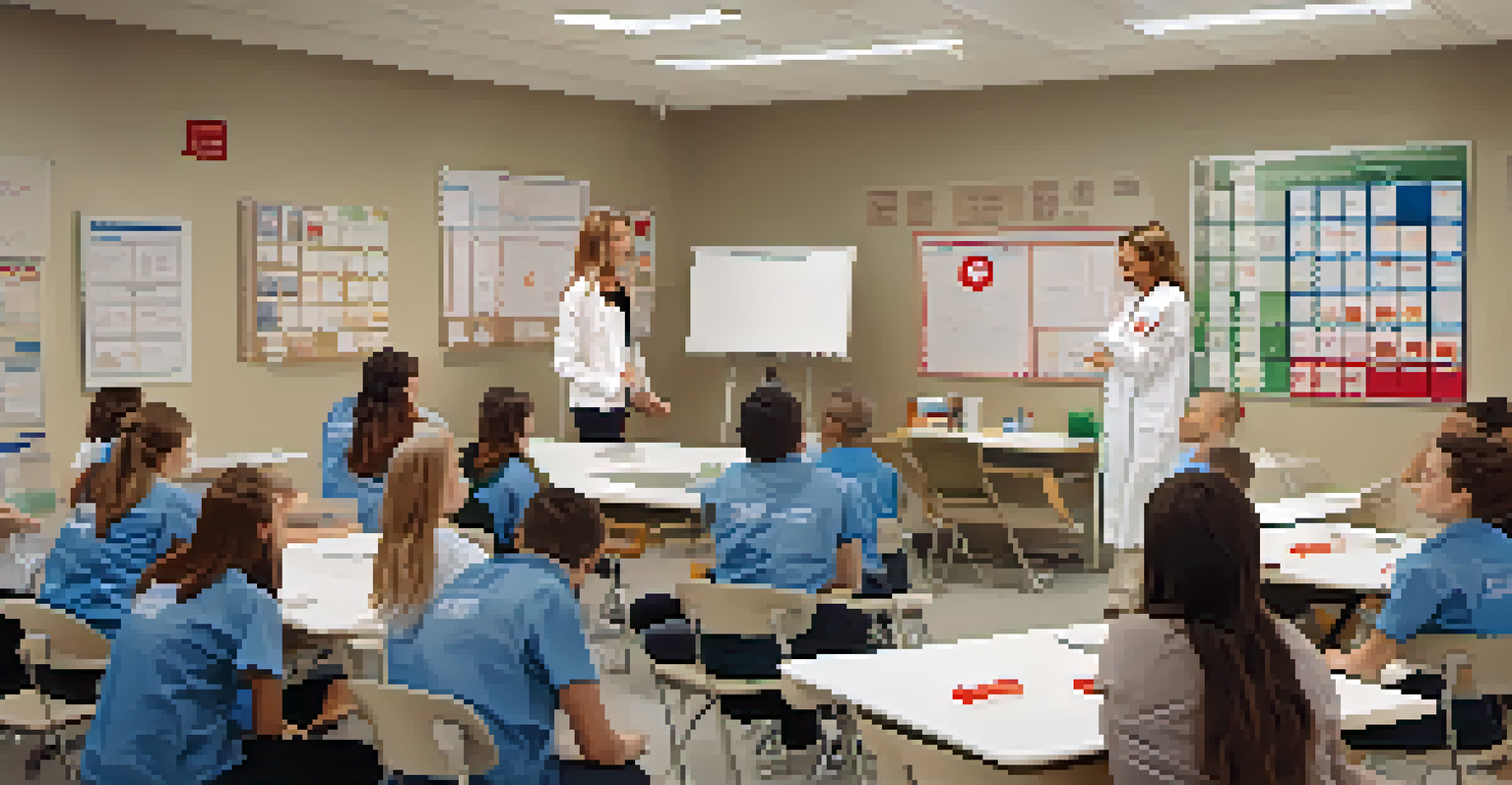 A classroom with students learning first aid techniques from an instructor, practicing CPR on mannequins.