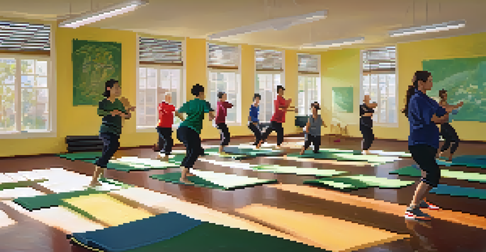 A diverse group of individuals practicing self-defense techniques in a sunlit community center, showcasing determination and teamwork.