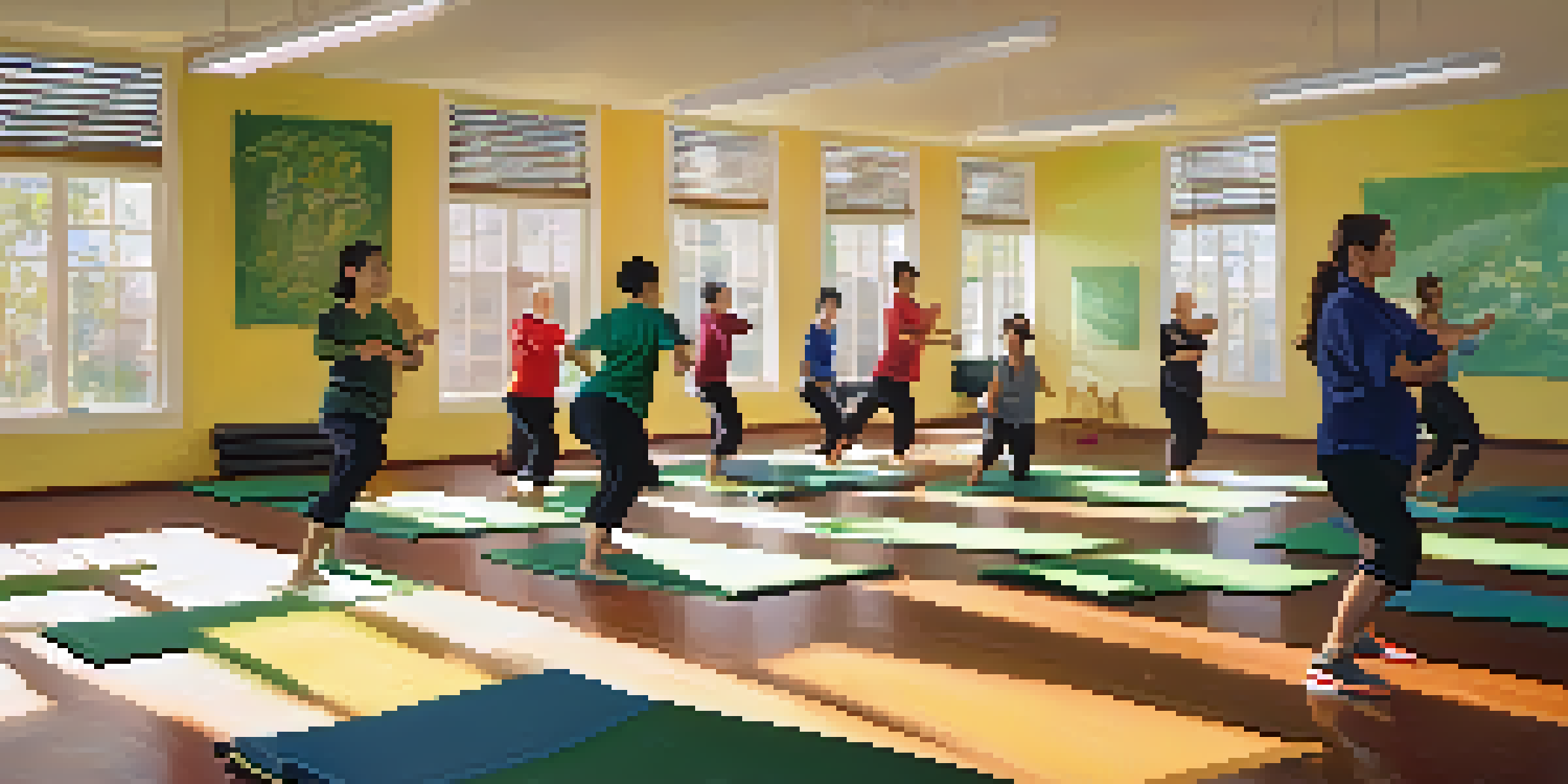 A diverse group of individuals practicing self-defense techniques in a sunlit community center, showcasing determination and teamwork.