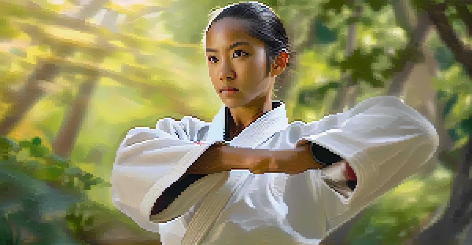 A close-up of a determined individual in a martial arts uniform, showcasing confidence in a self-defense stance against a blurred outdoor backdrop.