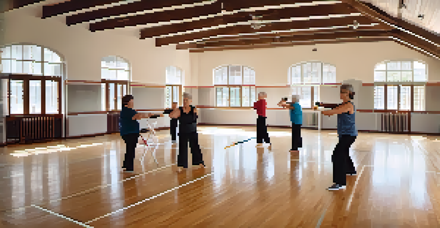 Seniors participating in a self-defense training class indoors, with an instructor demonstrating techniques.