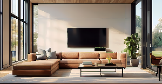 A modern living room with a smart security camera, cozy couch, and smart home devices, illuminated by warm natural light from a window.