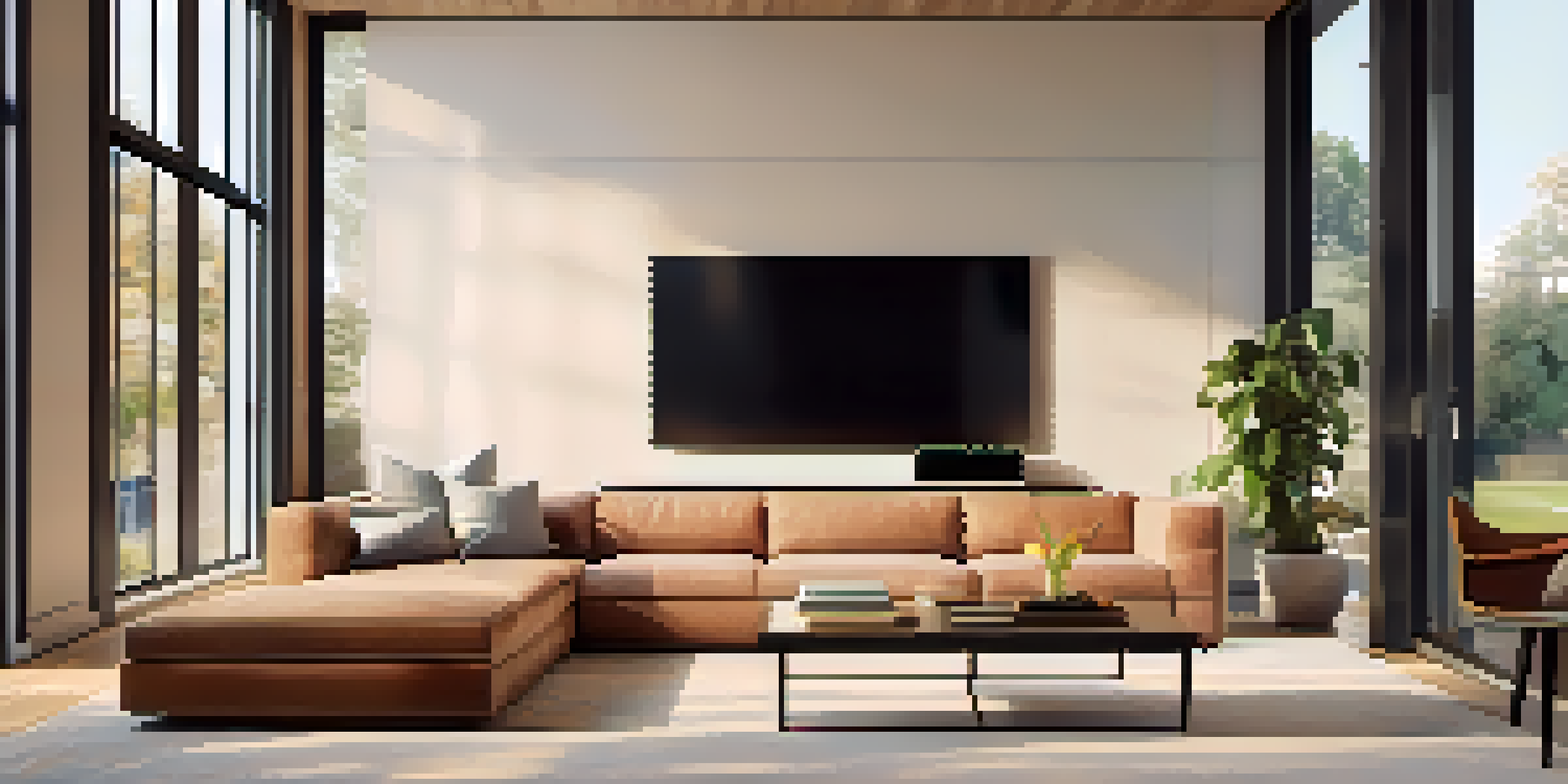 A modern living room with a smart security camera, cozy couch, and smart home devices, illuminated by warm natural light from a window.