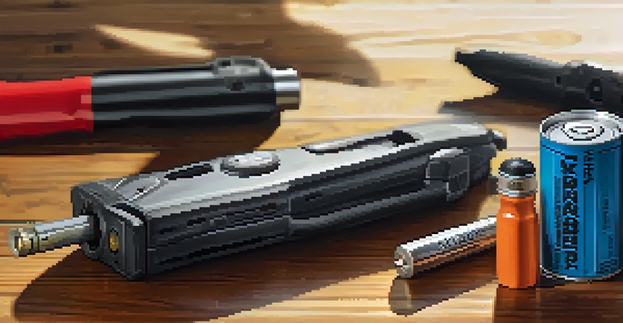 An assortment of self-defense weapons including pepper spray, a stun gun, a tactical pen, and a self-defense keychain on a wooden table, illuminated by soft natural light.