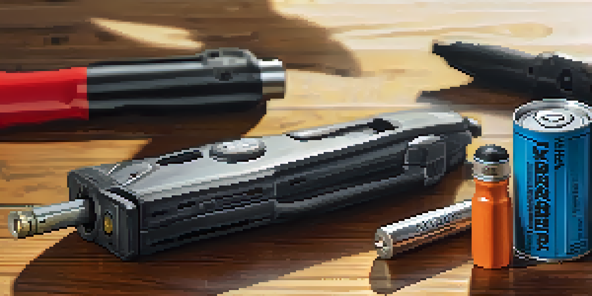 An assortment of self-defense weapons including pepper spray, a stun gun, a tactical pen, and a self-defense keychain on a wooden table, illuminated by soft natural light.