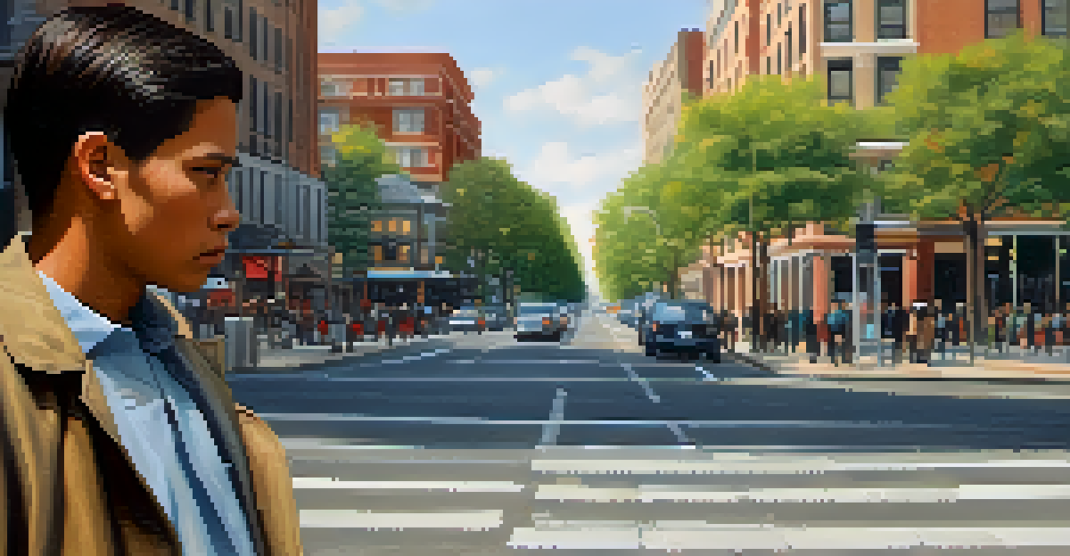 An individual observing a situation from afar, showing concern in a busy street setting.