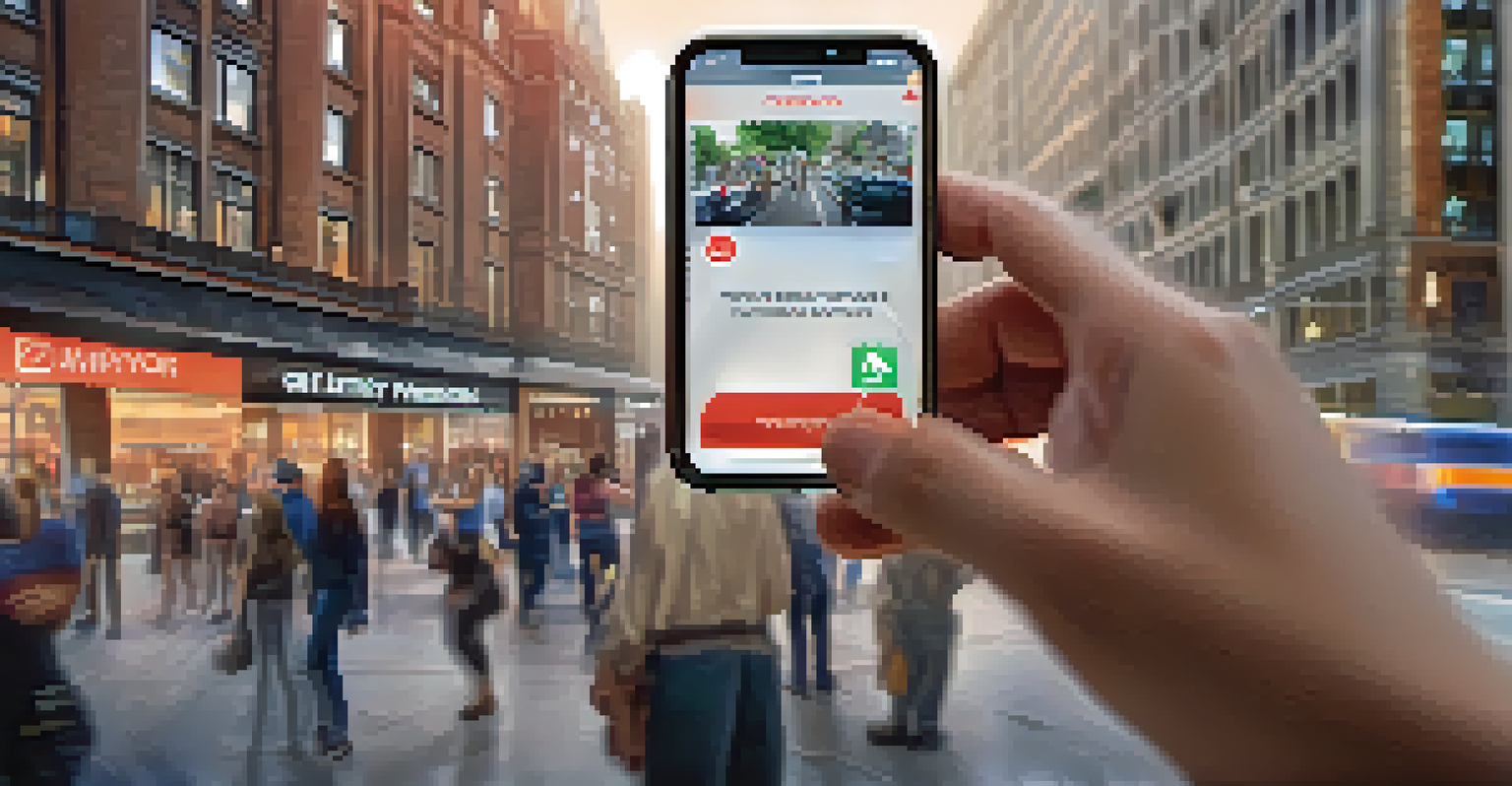 A hand holding a smartphone with an emergency alert app, set in a busy public area.