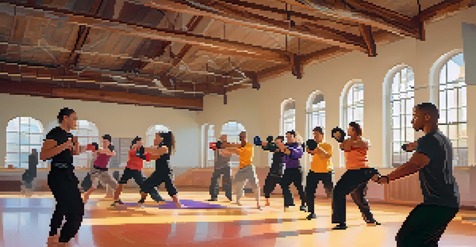 A diverse group of LGBTQ+ individuals practicing self-defense in a bright gym, showcasing teamwork and empowerment.