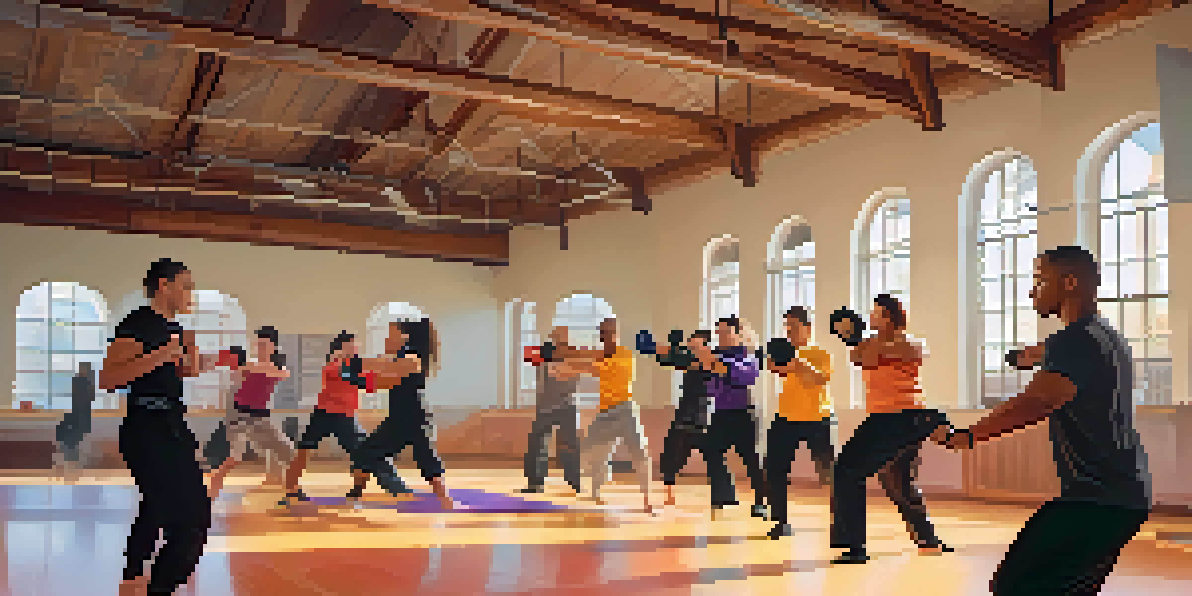 A diverse group of LGBTQ+ individuals practicing self-defense in a bright gym, showcasing teamwork and empowerment.
