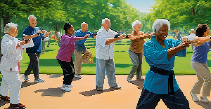 A diverse group of seniors practicing self-defense techniques in a sunny park, accompanied by an instructor.