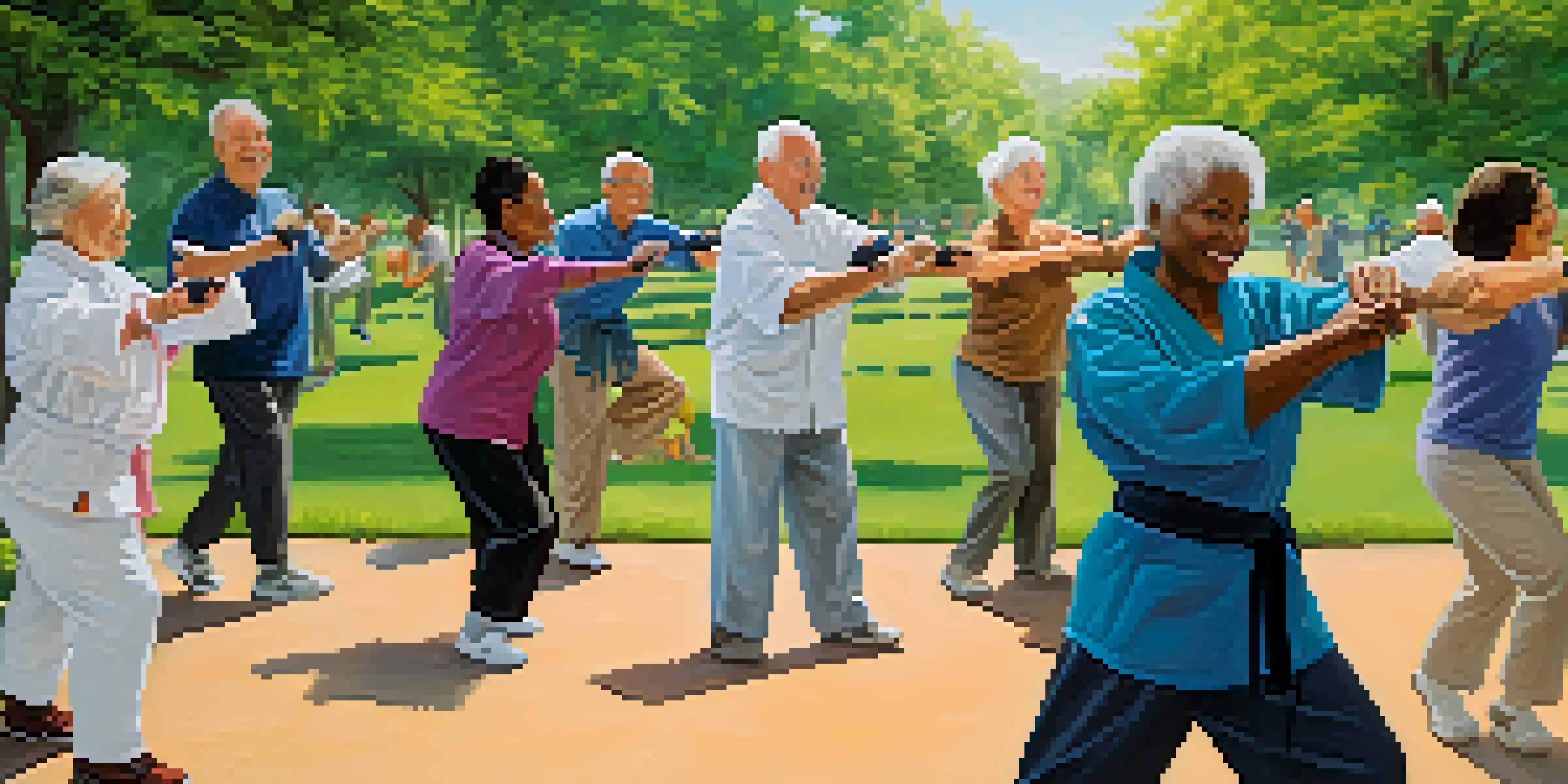 A diverse group of seniors practicing self-defense techniques in a sunny park, accompanied by an instructor.
