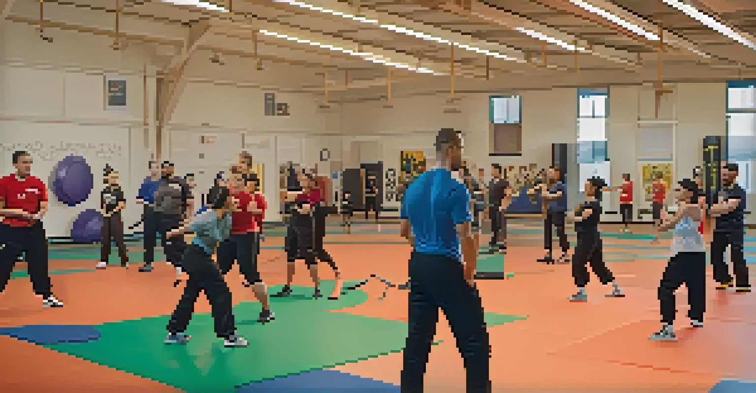 A self-defense class in a gym, with an instructor demonstrating techniques to engaged participants.
