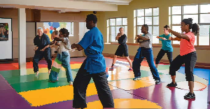 A diverse group of people engaging in a self-defense workshop, showcasing various ages and backgrounds in a well-lit community center.