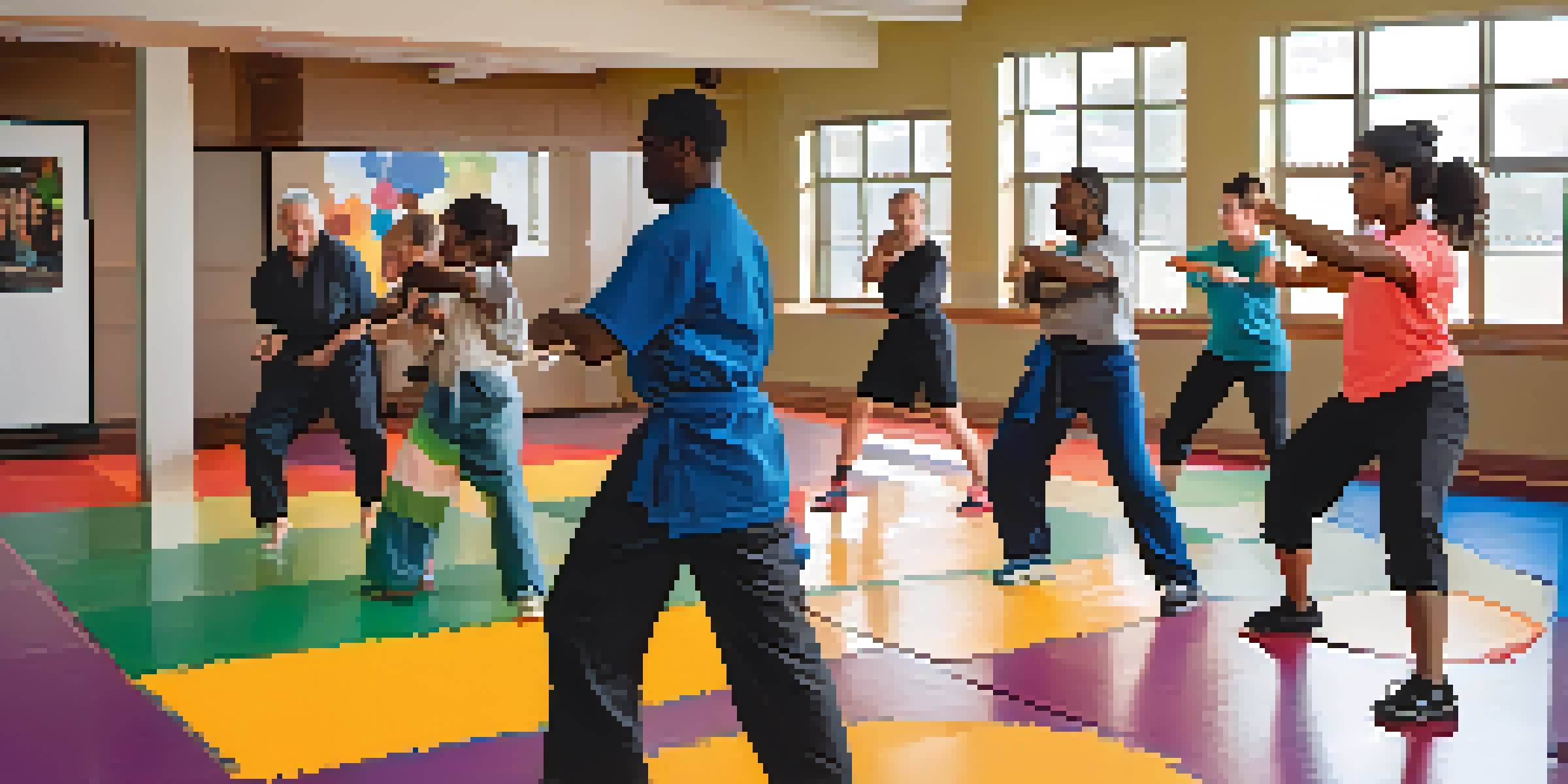 A diverse group of people engaging in a self-defense workshop, showcasing various ages and backgrounds in a well-lit community center.