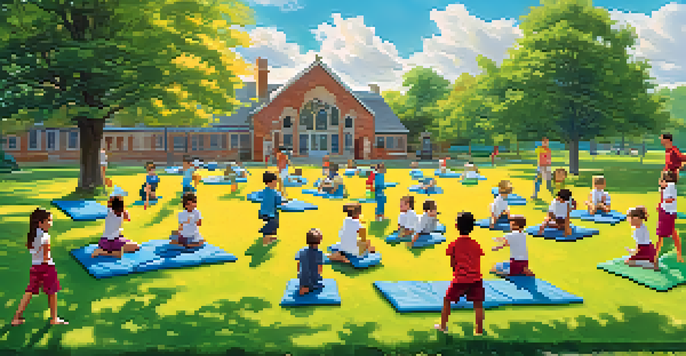 A group of children participating in a self-defense class in a sunny park, with an instructor guiding them.
