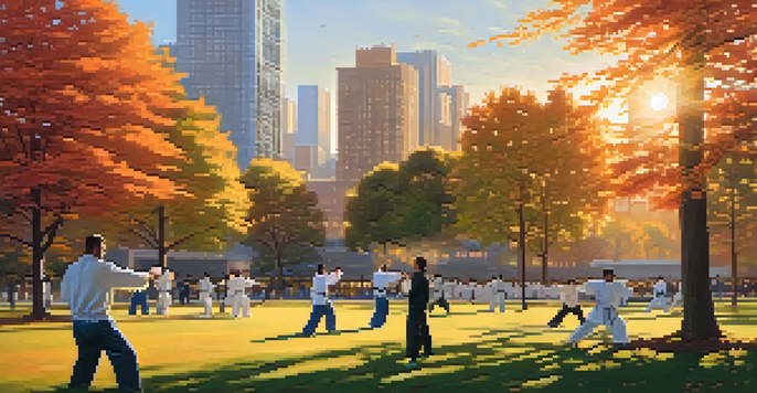 A diverse group of people practicing self-defense techniques in a park during sunset, surrounded by trees and a city skyline.