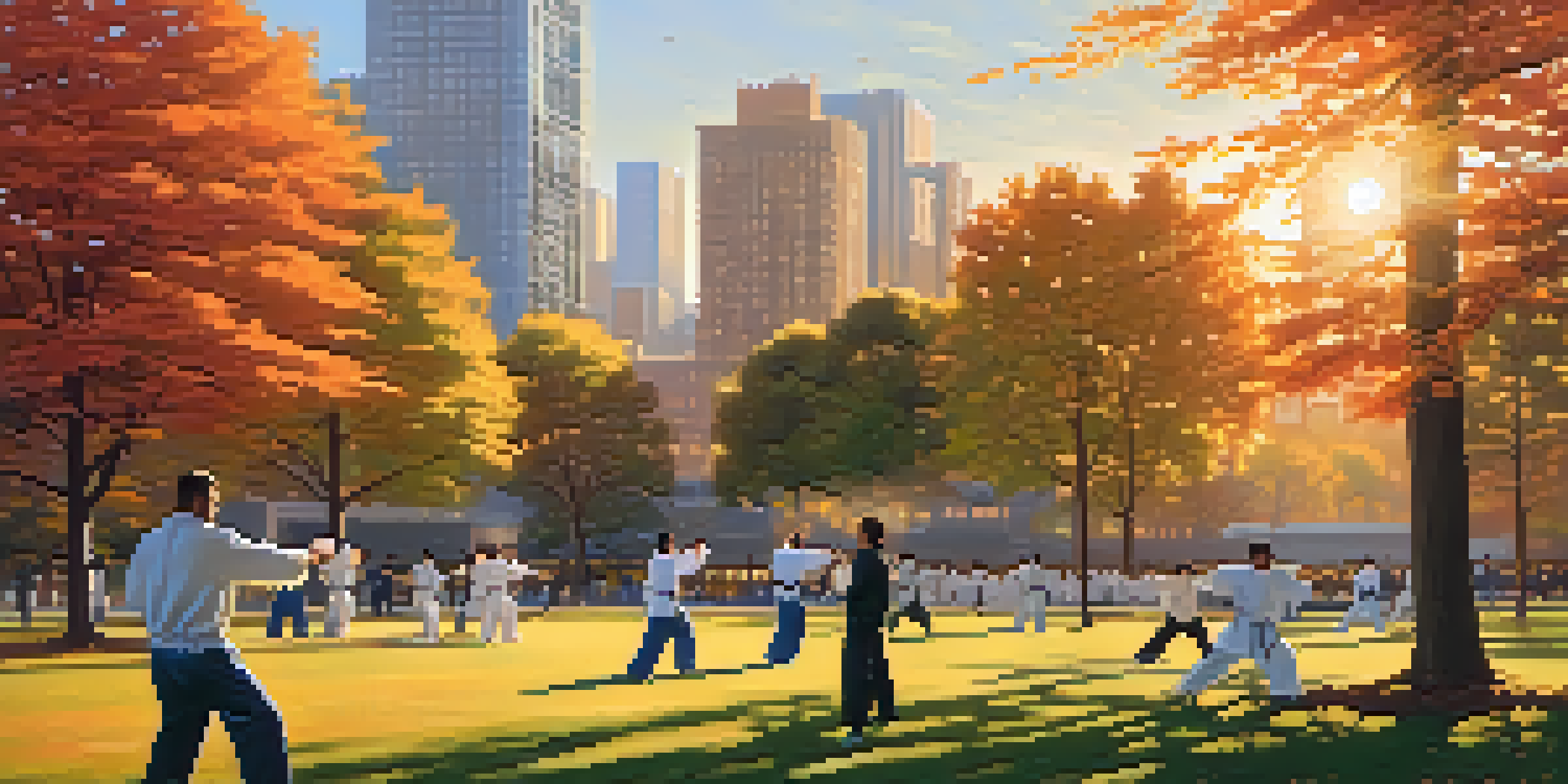 A diverse group of people practicing self-defense techniques in a park during sunset, surrounded by trees and a city skyline.