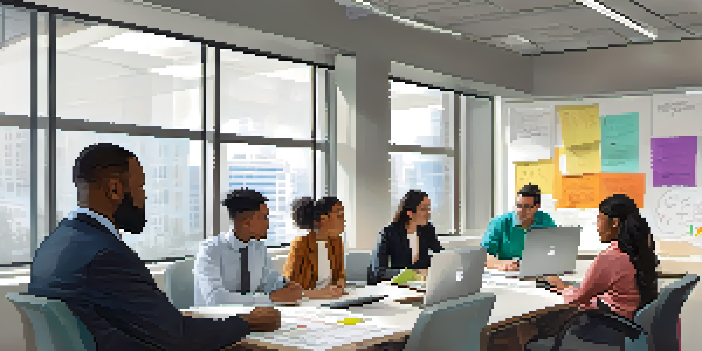 A diverse team in a bright office room discussing crisis management strategies with a whiteboard filled with colorful notes.