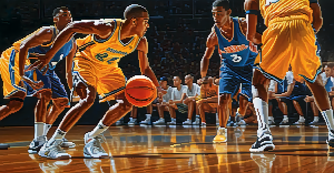 A basketball player dribbling the ball with teammates communicating in the background, set in a brightly lit indoor court.