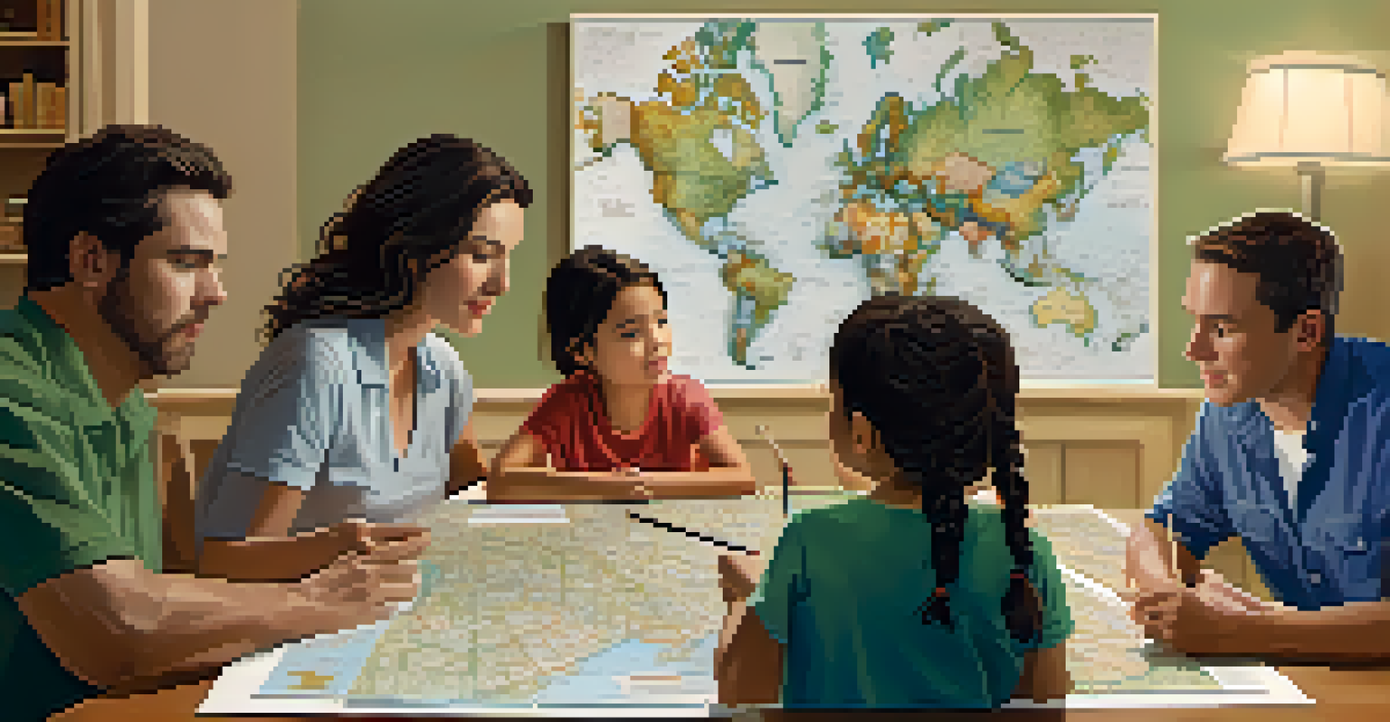 A family discussing their safety plan around a table with a map, showing engagement and teamwork.