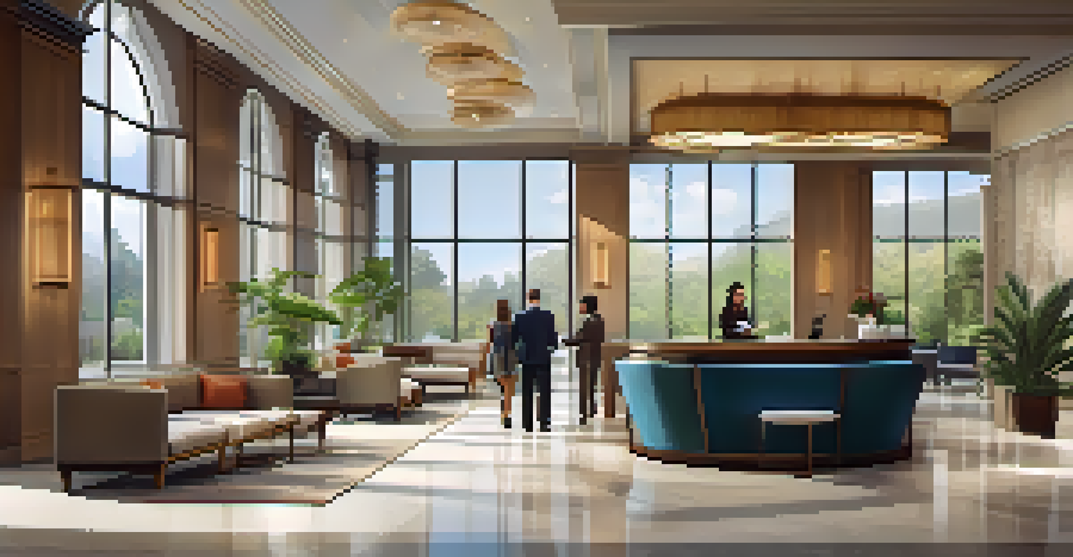 A modern hotel lobby with comfortable seating and a friendly staff member assisting a guest.