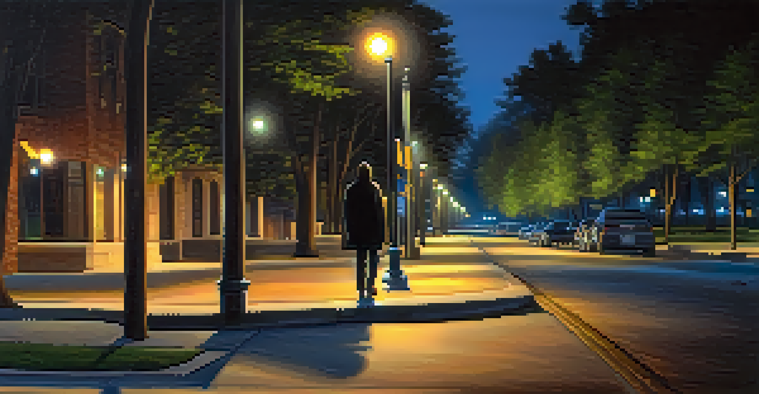 A person walking alone at night, looking around with streetlights illuminating the path, surrounded by trees.