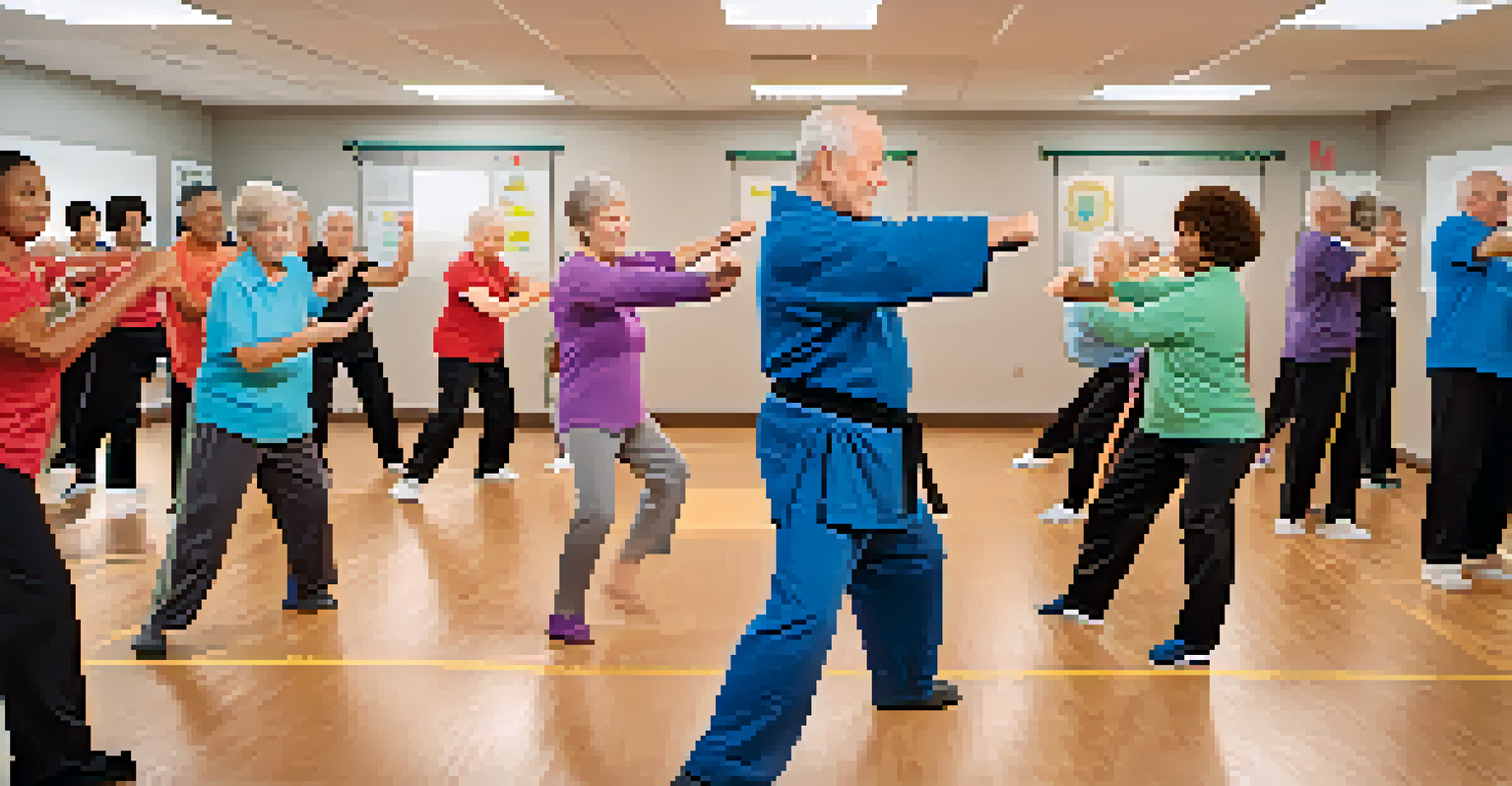 A group of seniors in a self-defense class at a community center, learning techniques from an instructor.