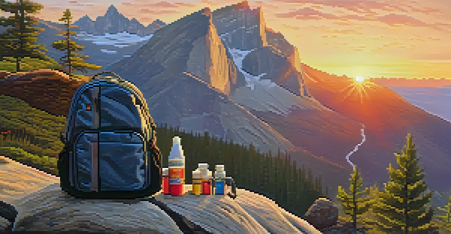A backpack with emergency supplies on a rock during a sunset hike.