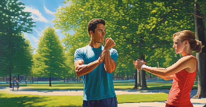 A couple practicing self-defense techniques in a park, with the woman demonstrating a wrist escape move and the man observing.