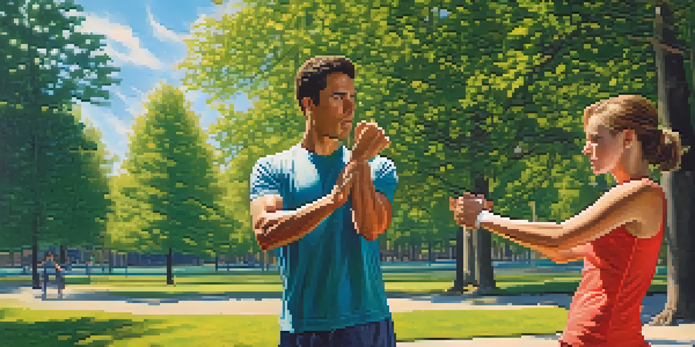 A couple practicing self-defense techniques in a park, with the woman demonstrating a wrist escape move and the man observing.