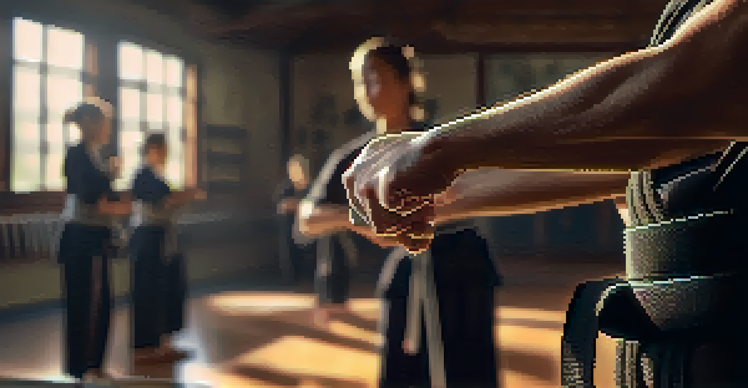 Close-up of a caregiver's hands tying a black belt after a self-defense class, with training mats and classmates in the background.