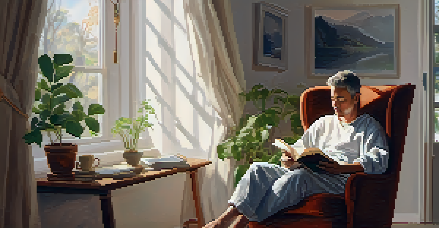 A person sitting in a cozy chair, reflecting in a journal with a cup of tea and a plant nearby, in a softly lit indoor space.