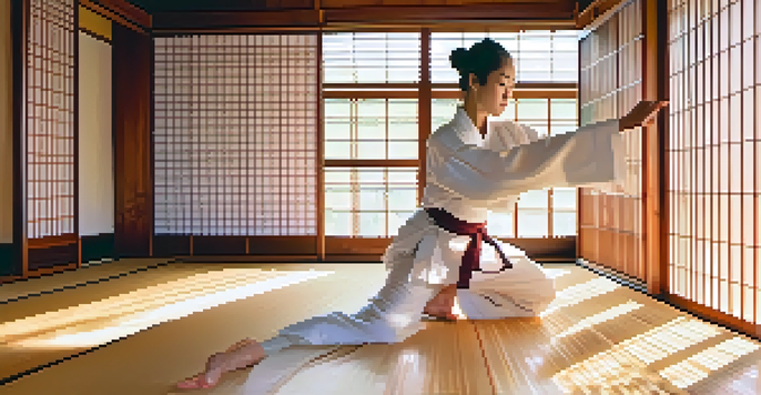 A female karate practitioner practicing in a traditional Japanese dojo, surrounded by soft morning light and cherry blossoms.