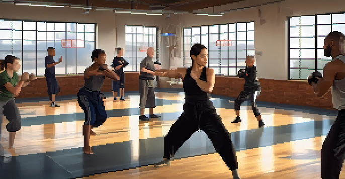 A diverse group of people training in self-defense techniques in a gym, with focused expressions and a supportive environment.