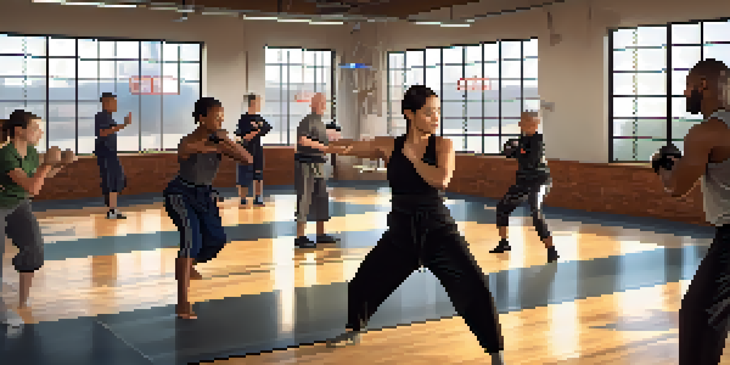 A diverse group of people training in self-defense techniques in a gym, with focused expressions and a supportive environment.