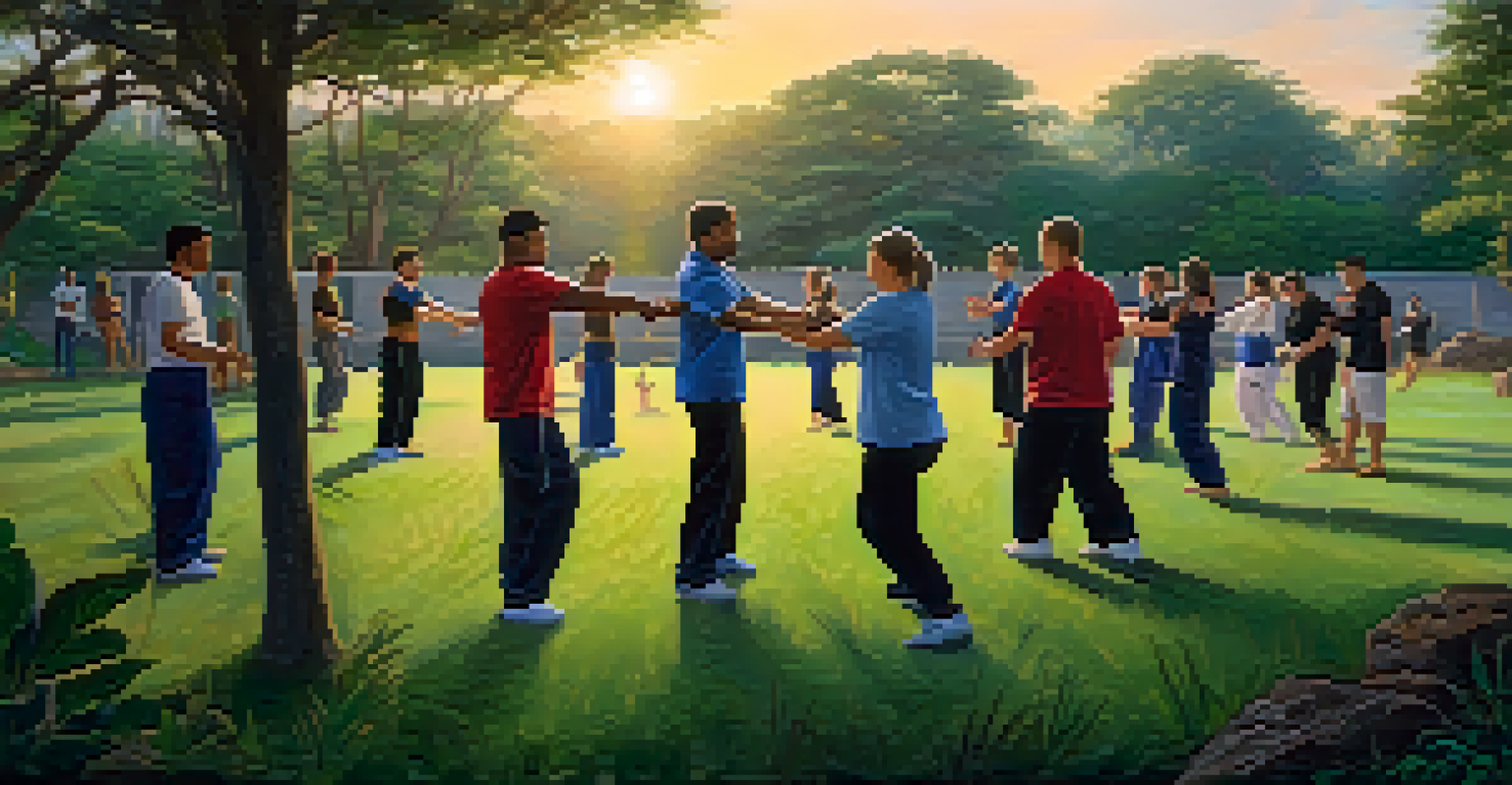 Group practicing self-defense techniques outdoors in a serene setting with greenery and a sunset.
