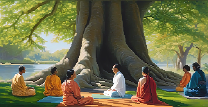 A diverse group of spiritual practitioners meditating under a large tree, surrounded by flowers and sunlight.