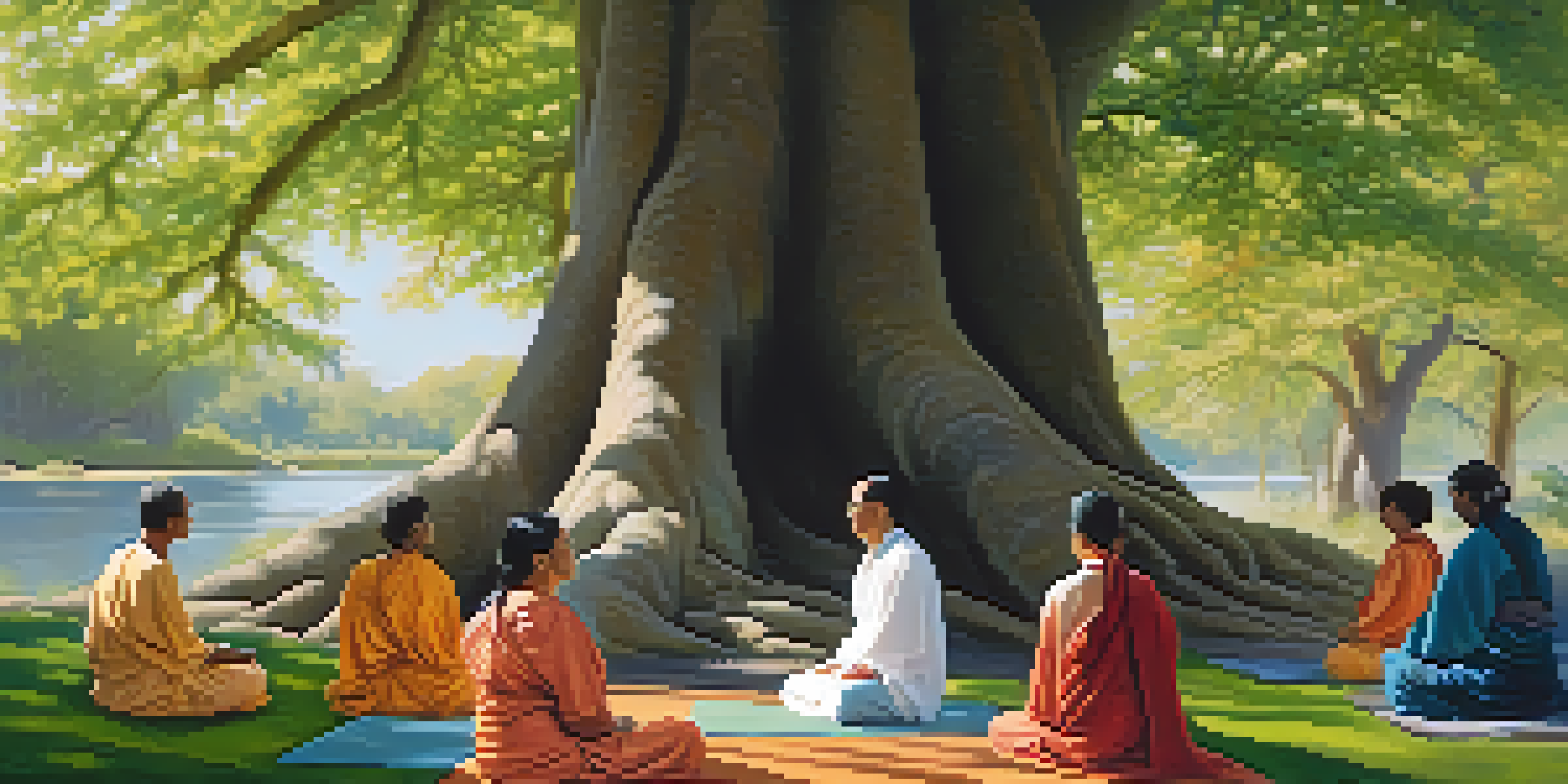A diverse group of spiritual practitioners meditating under a large tree, surrounded by flowers and sunlight.