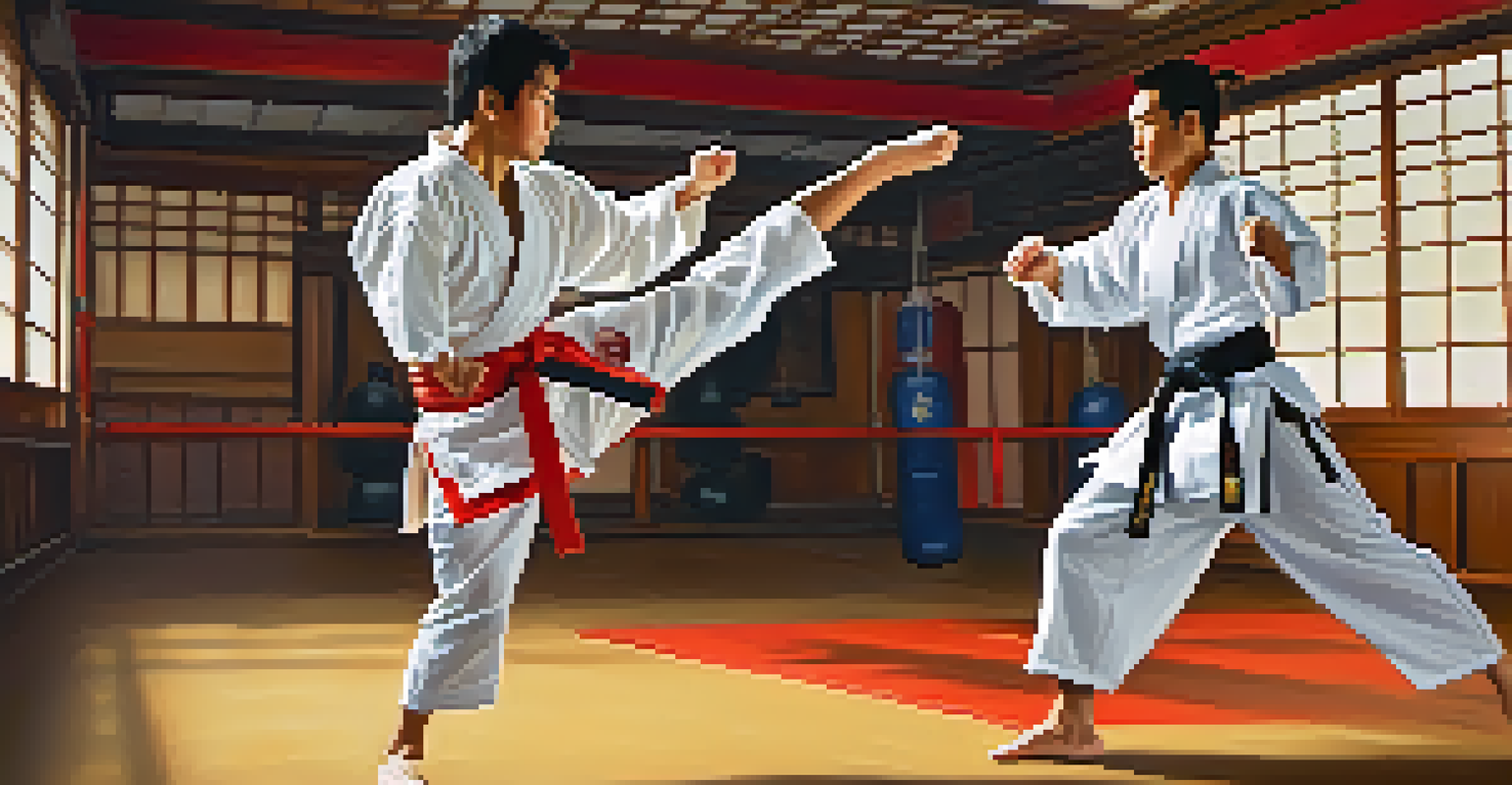 Two individuals sparring in a dojo, showcasing intense expressions and action in a vibrant training environment.