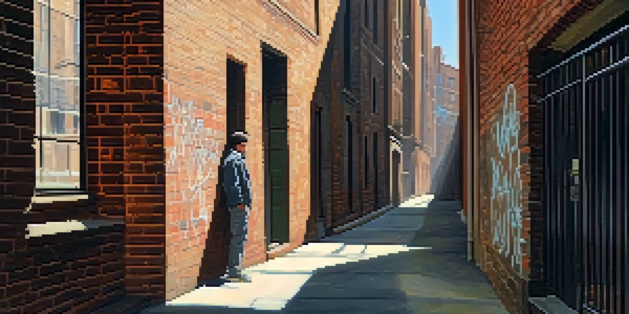 A person standing at the entrance of a narrow alley with graffiti, looking thoughtful, surrounded by dim lighting and shadows.