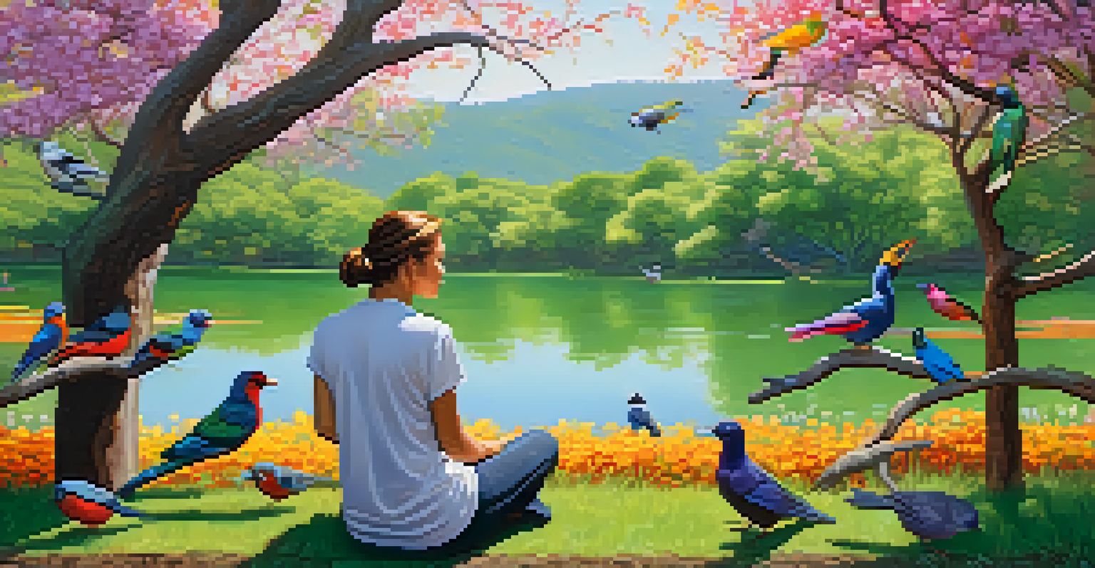 A person watching colorful birds in a lively park filled with flowers and trees.