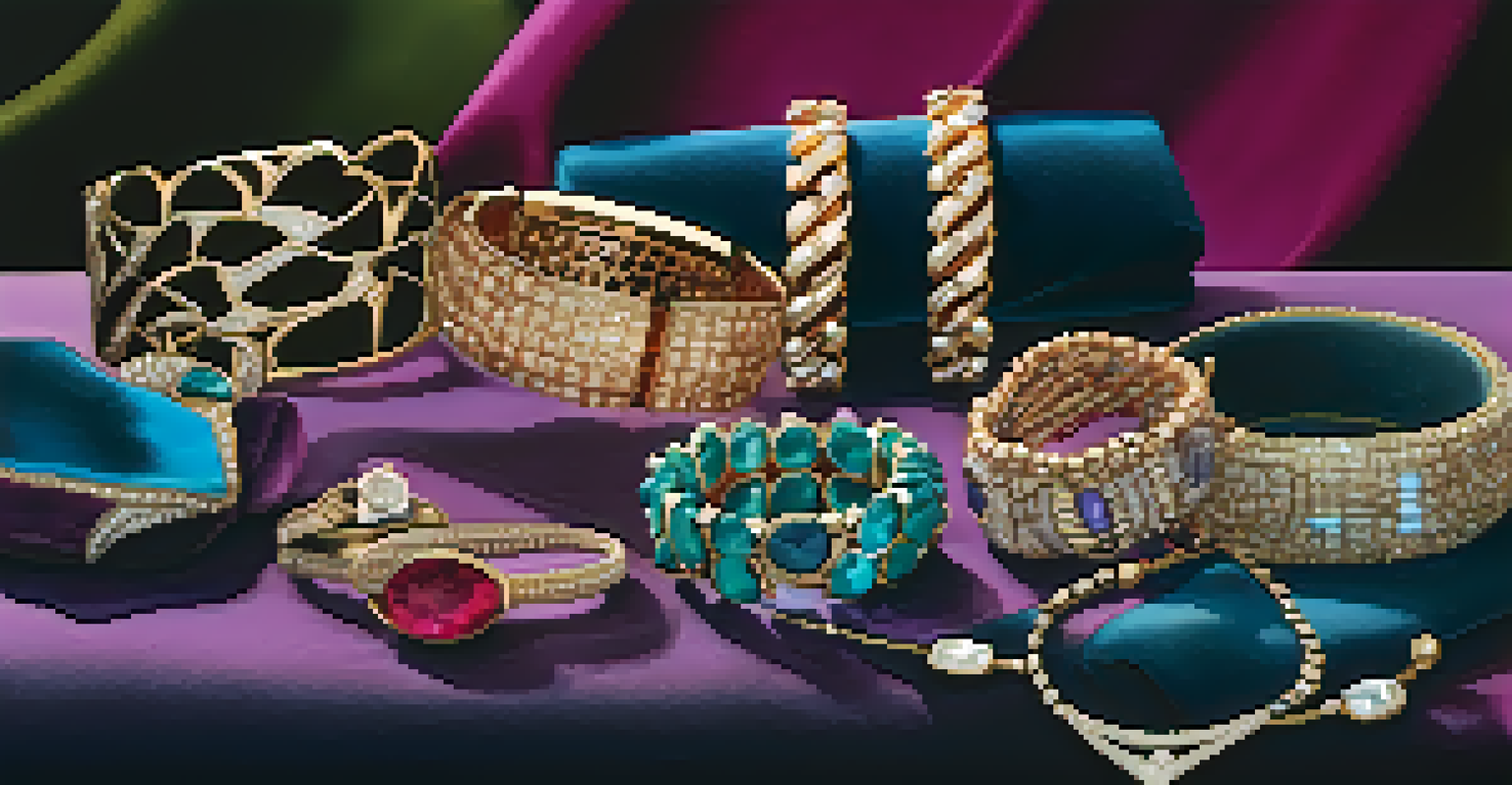 An array of fashionable smart jewelry displayed on velvet fabric, including bracelets and necklaces with discreet technology and soft lighting.