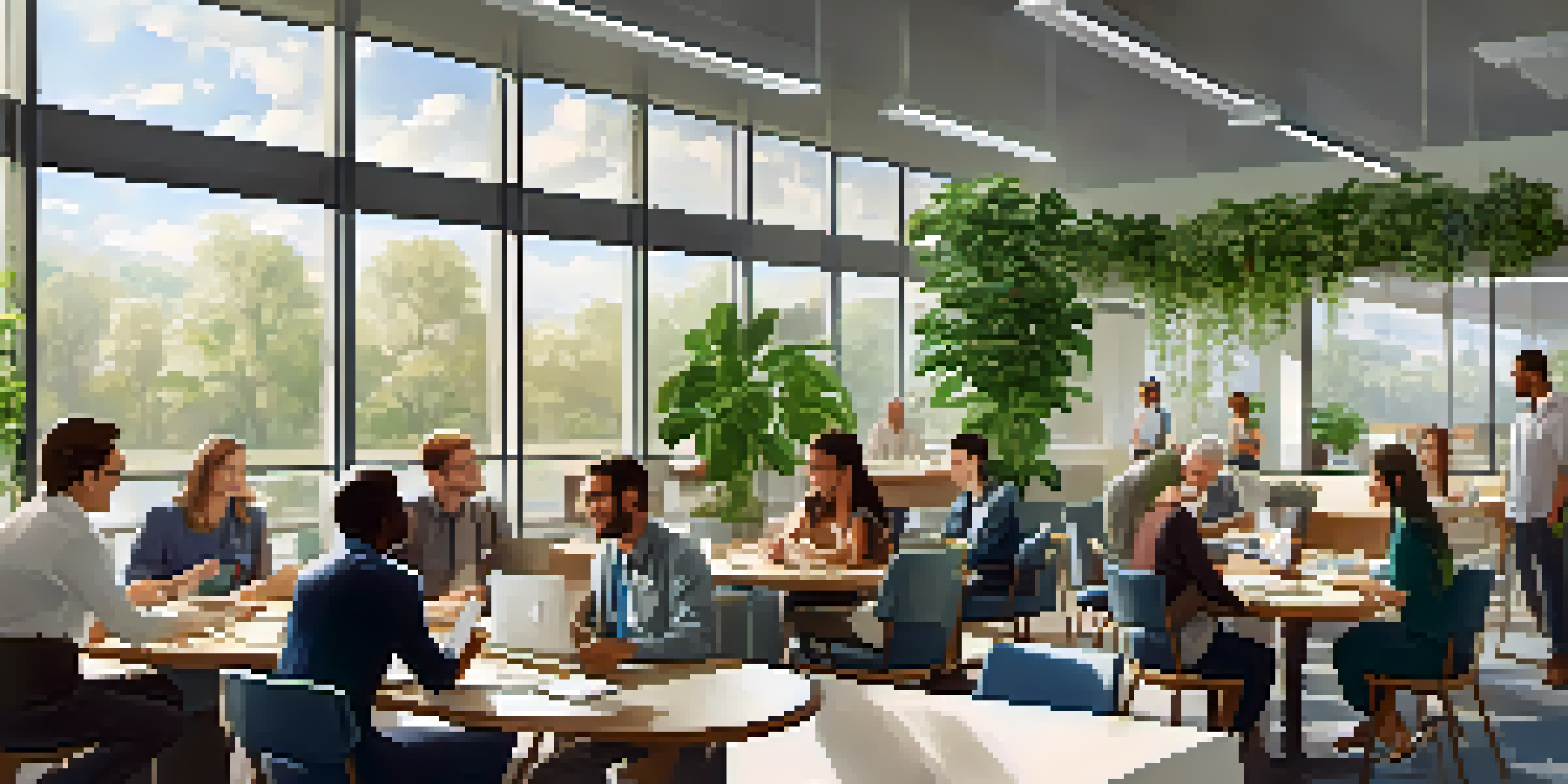 A diverse group of employees having a positive discussion in a bright office, surrounded by plants.