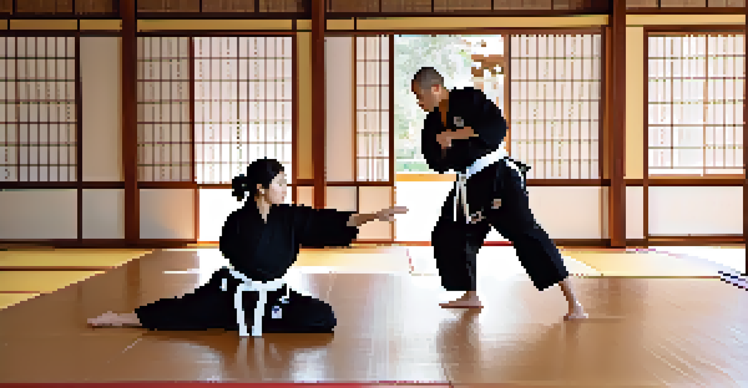 A female instructor demonstrating a self-defense technique to a male student in a traditional dojo setting.
