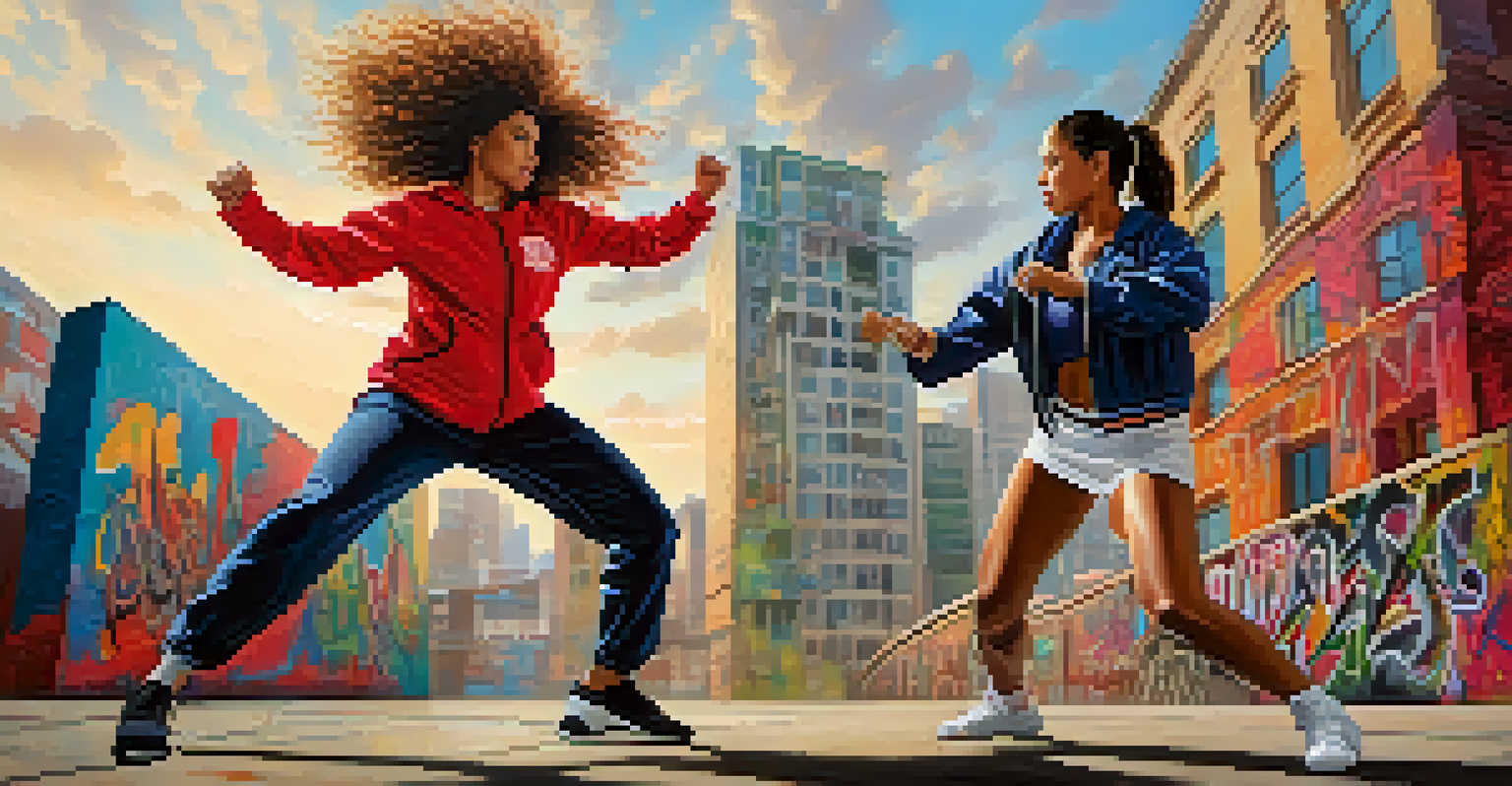 A woman performing a self-defense move against an imaginary opponent in a vibrant urban environment, showcasing empowerment and strength.