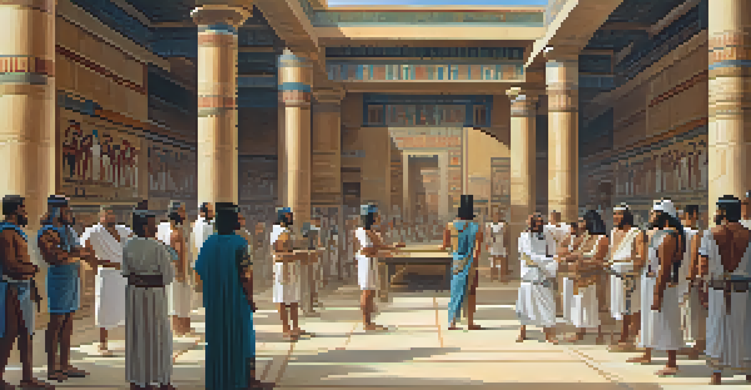 An ancient Egyptian legal gathering discussing self-defense, with people in traditional clothing and scrolls.