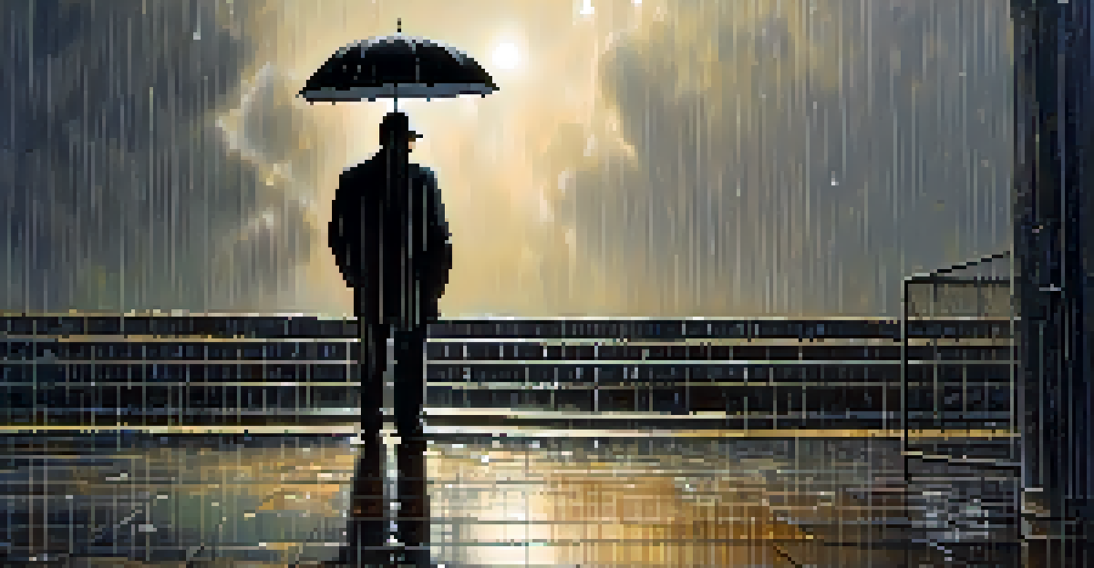 A person holding an open umbrella as a protective barrier against a shadowy figure in a rainy environment.